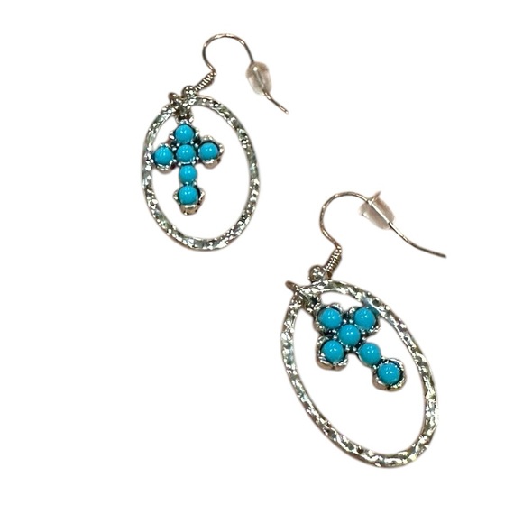 Hammered Silver and Turquoise Stone Cross Oval Drop Earrings - Picture 1 of 4